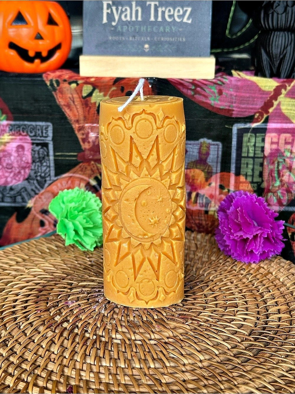 Celestial Moon Phases Pillar Candle – Golden Orange